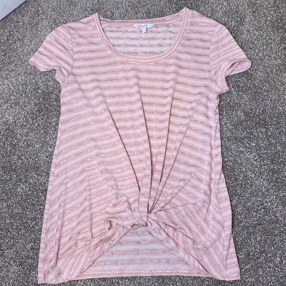 Candie’s Pink Striped Knotted Short Sleeve - Picture 2 of 6